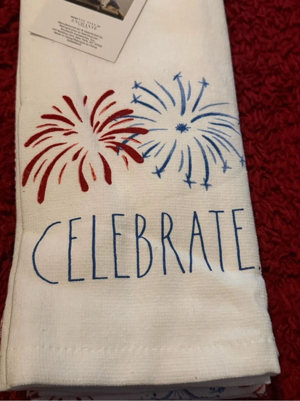 Rae Dunn Kitchen Towels - set of 3- CELEBRATE w/ Red & Blue Firework Print NWT